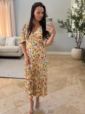 Likely Yellow Multi Floral Pleated Midi Dress